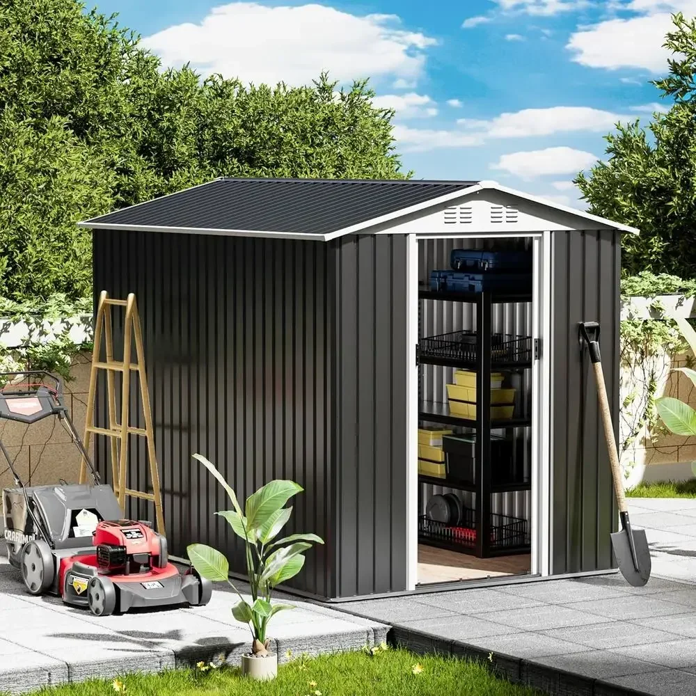 6x9ft Grey Metal Garden Shed with Lockable Double Doors and Sloping Roof for Outdoor Storage