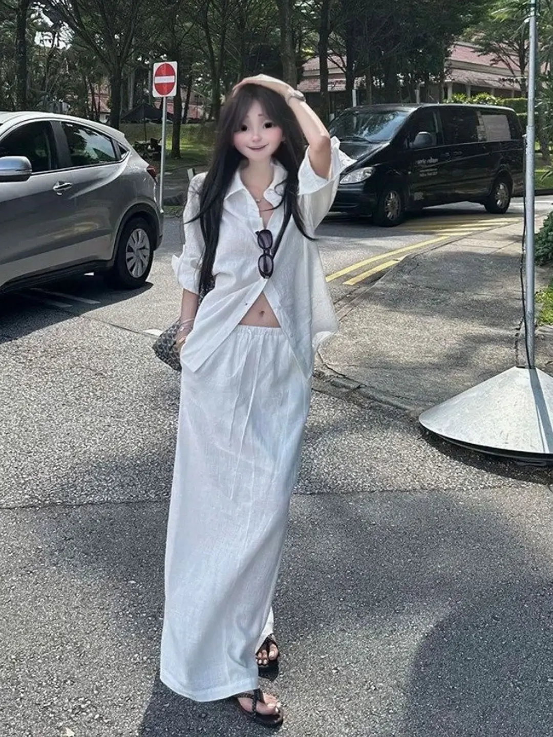 White Simple Fashionable Women's Summer Shirt Skirt Set High Waist High Quality Long Sleeve Casual Commute Style Two-Piece Set