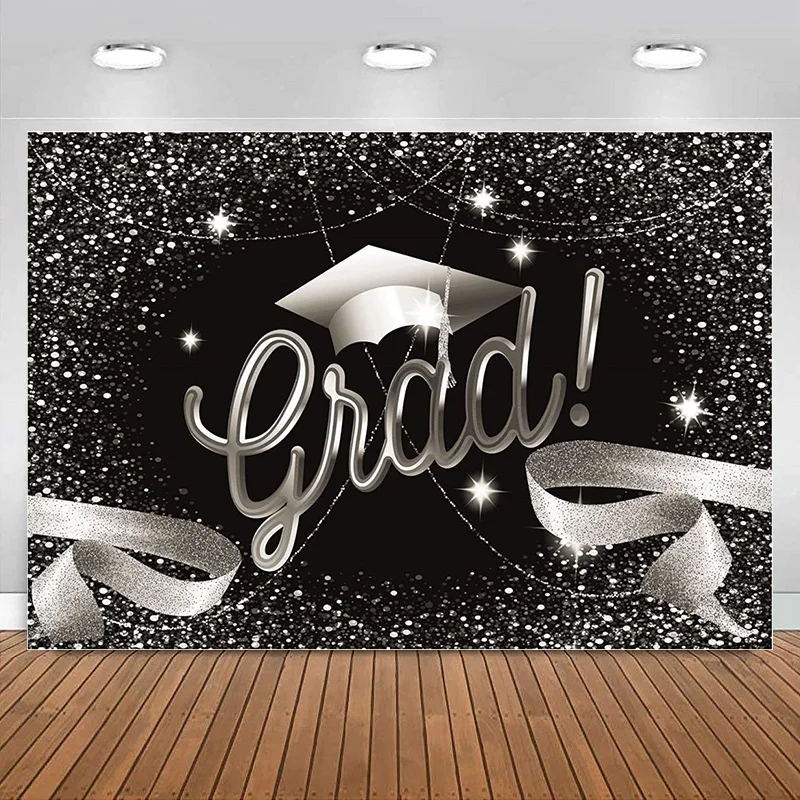 

Graduation Prom Black and Silver Photography Backdrop Bachelor Cap Ribbon Grad Celebration Party Banner Background Decoration