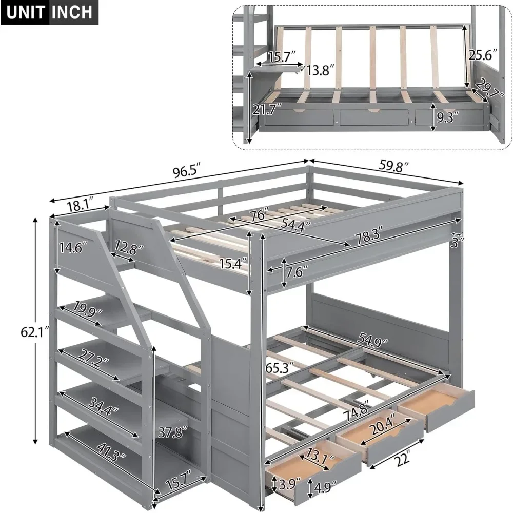 Bunk Bed, with Couch ,Convertible Bunks Beds Full Size with Stairs ,Bedside Table & 3 Drawers ,Wood Futon Bunk Bed Frame