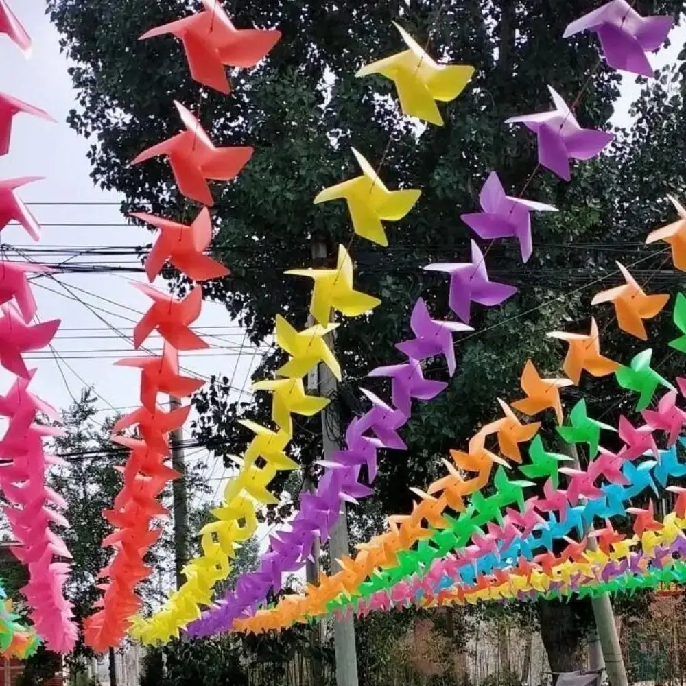 10pcs/set with Rope Strings Colorful Arch Corridor Windmill with Steel Wire Rope Colorful 4 Leaves Pinwheels Pure Color Handmade