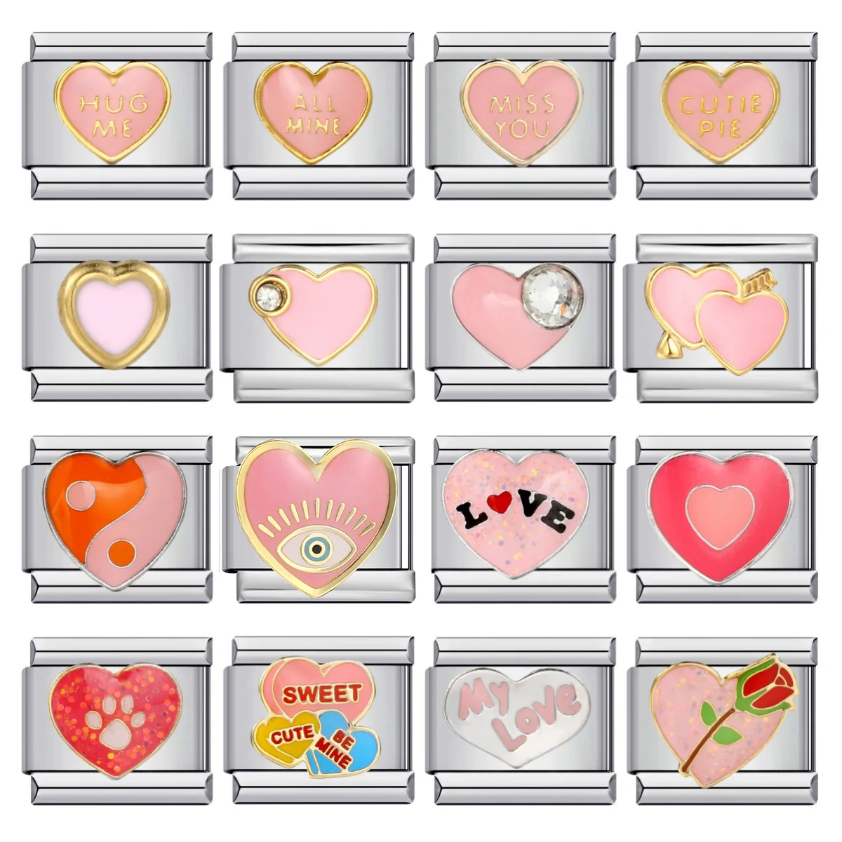 Fashion Y2k Gold Color Cute Sweet Pink Colour Heart Italian Links Charm Fit 9mm Bracelet Stainless Steel Making DIY Jewelry Gift