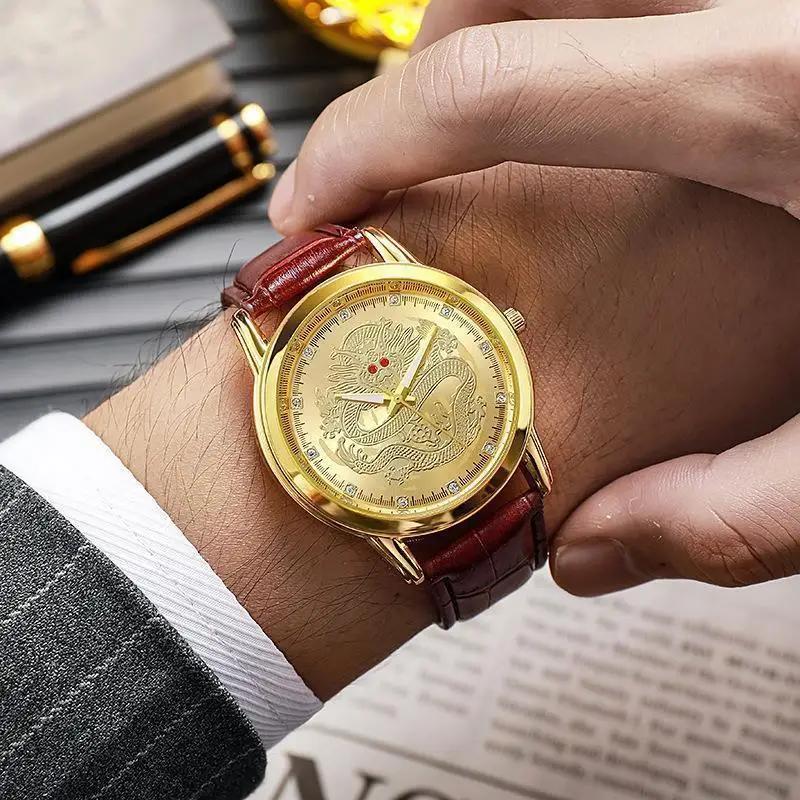 2026 Gift Elderly Golden Dragon Watch Fashionable, Simple and Elegant High end Men's Watch (No Gift Box)