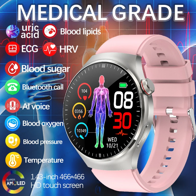 2024 New Medical Grade Smart Watch Women ECG+PPG Blood Lipid Blood Sugar Uric Acid HRV Tester AMOLED HD BT Call Man smart watchs