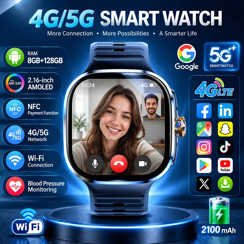 2026 Global 5G Standalone SIM Smart Watches For Man AMOLED Screen HD Camera Video Call 8+128GB Memory APP Download Smart Watch