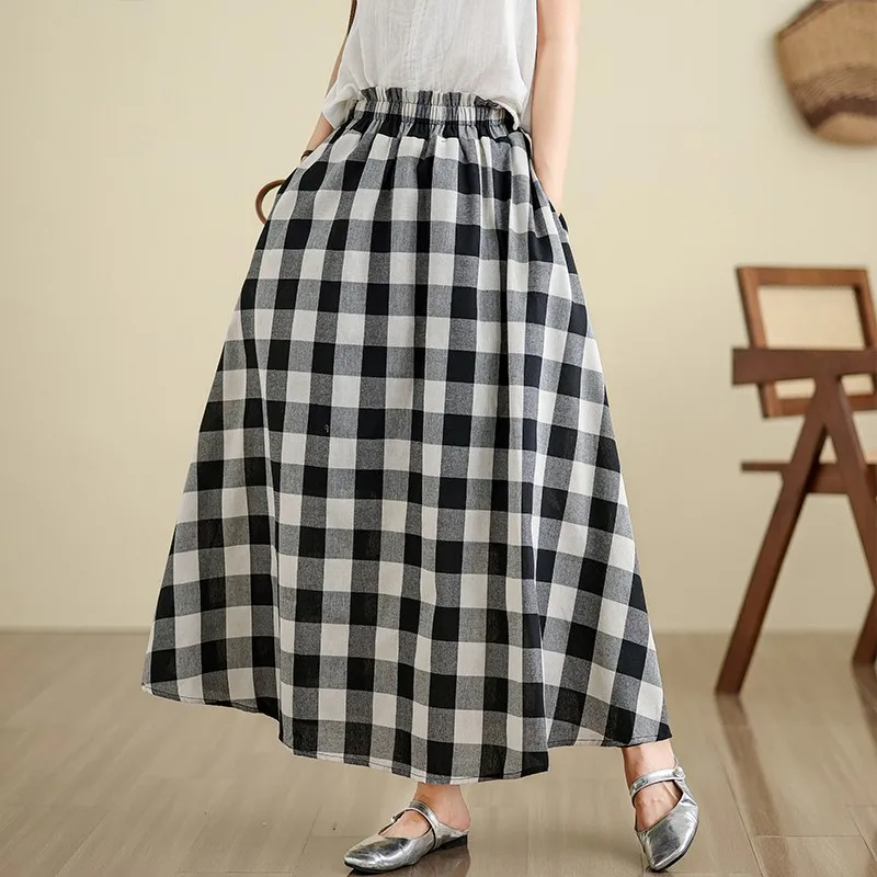 New Arrival 2024 Summer Arts Style Women Elastic Waist Loose A-line Skirt  All-matched Casual Cotton Linen Plaid Long skirt