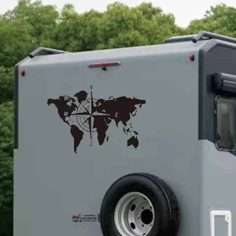 World Map Compass Car Sticker - Large Vinyl Decal for Caravan, Camper, RV, Truck - Camping Travel Explore Auto Decor