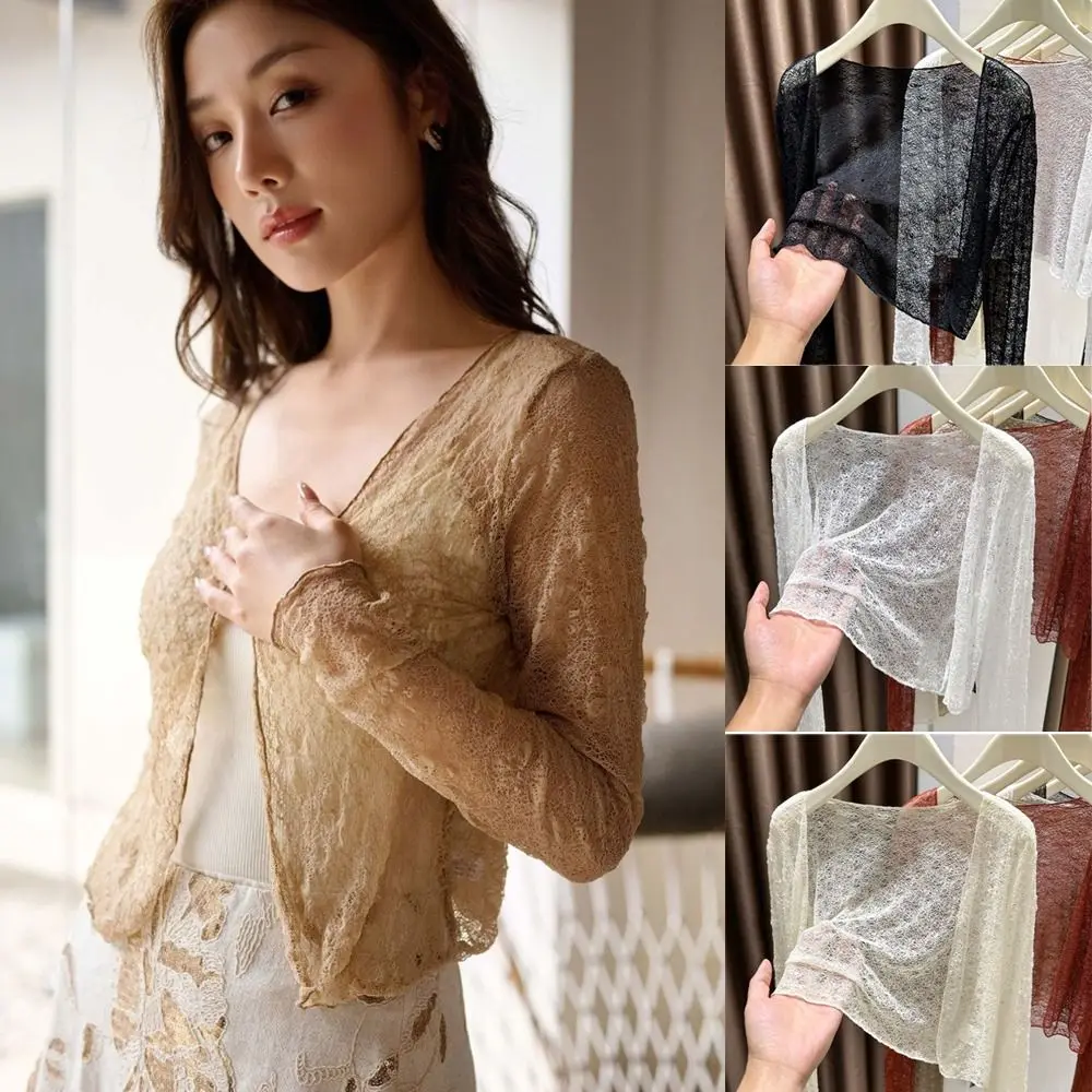 

Elegant Thin Lace Cardigan Slimming Long Sleeve Short Tops Sun-Proof Outwear Summer
