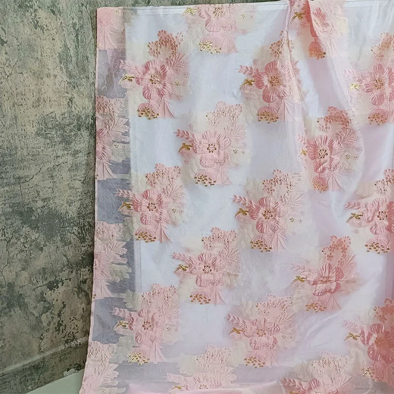 Romantic Gold Silk Flower Slightly Transparent Embossed Jacquard Fabric Bride Evening Dress Coat Sewing Materials