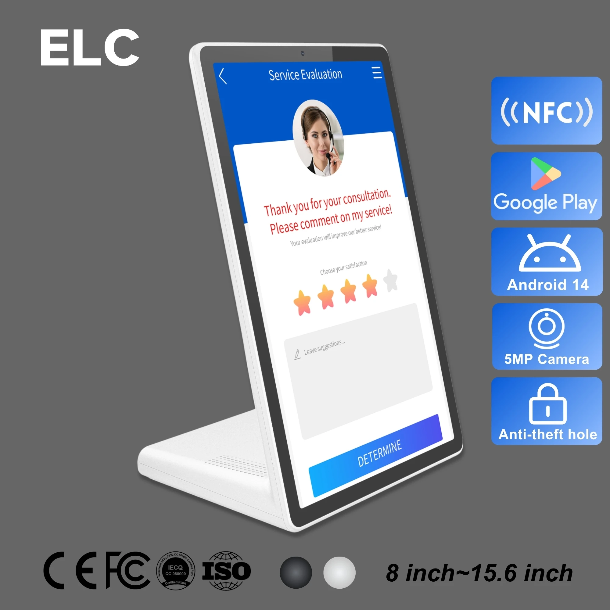 Customer Feedback Kiosk L-Shape Android Tablet for Customer Feedback Survey & Service Rating Desktop Terminal