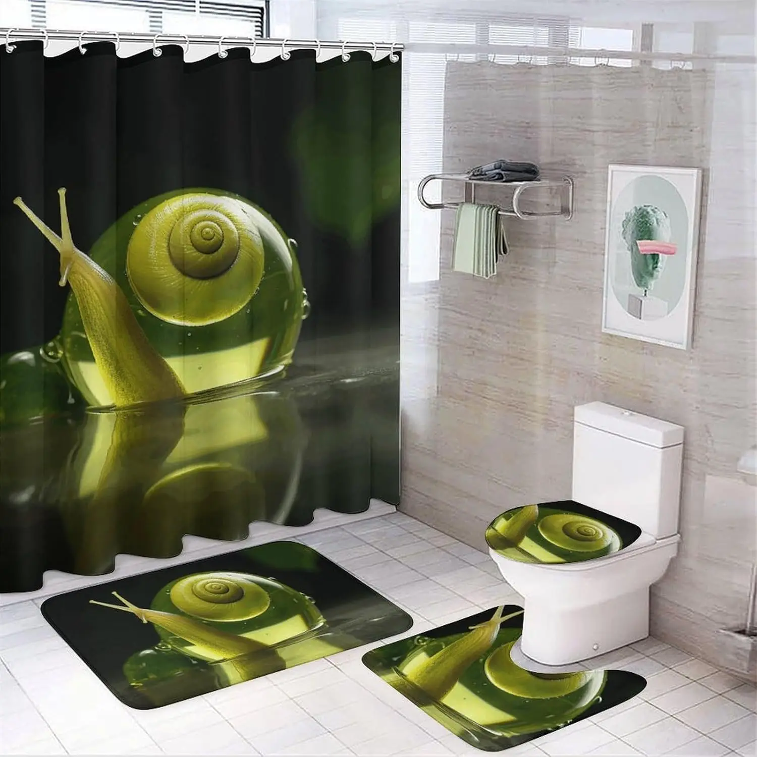 

Glass Snail Shower Curtains Set 4 Piece with Non-Slip Rugs, Toilet Lid Cover and Bath Mat Soft Bathroom Carpet Waterproof Bathro