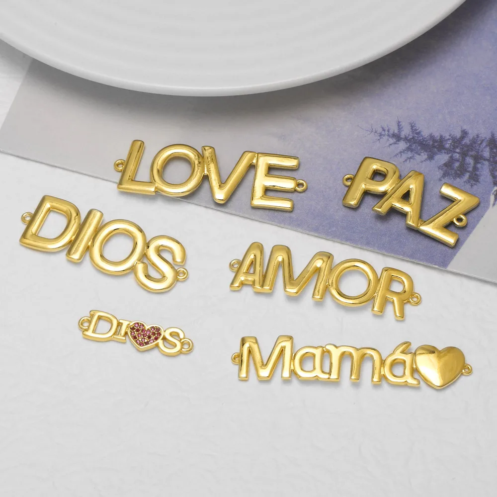 OCESRIO Amor Dios Love Letter Gold Plated Copper Crystal Connector Charms for Bracelet Necklace Jewelry Making DIY chma229