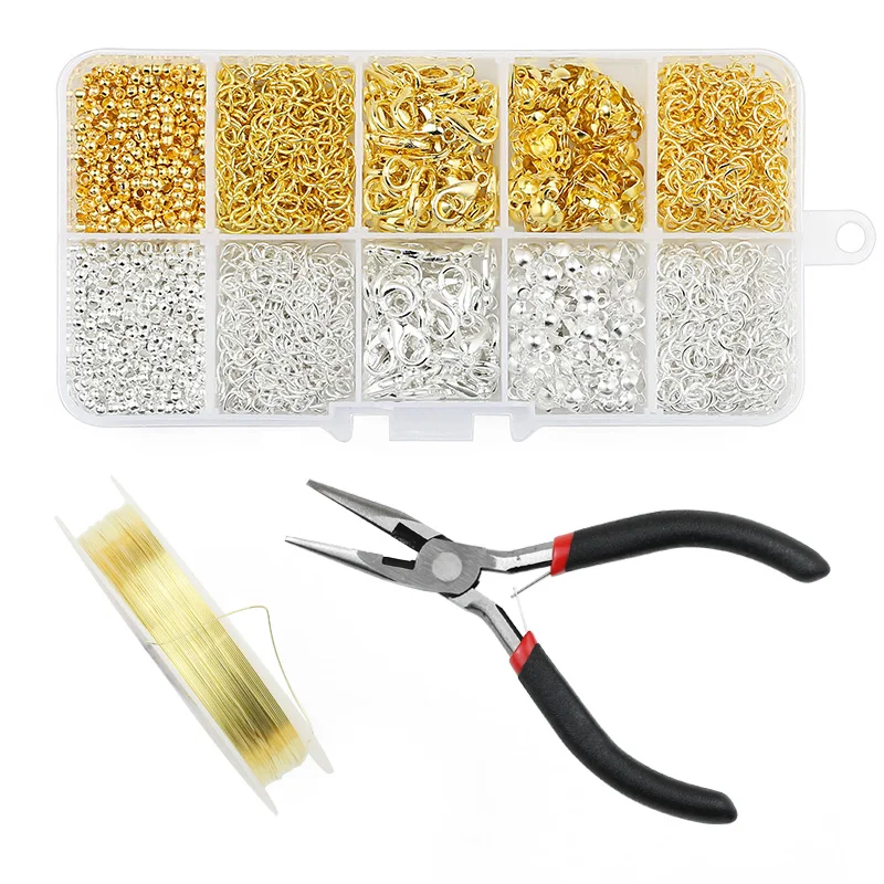 DIY Gold Color Silver Plated Alloy Accessories Jewelry Making Tools Set Clip buckle Open Rings chain lace Buckle Beading Kit Box