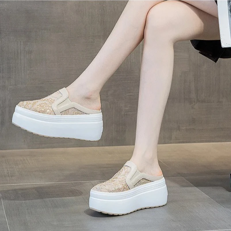 

2025 8 см повседневная женская вулканизированная обувь с кружевом и блестками, дышащие тапочки без шнуровки на толстой подошве, Новое поступление