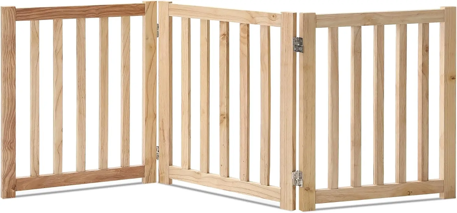 

3-Panel Wooden Free Standing Foldable Dog Gate Indoor – 24' High,Step-Over Safety Pet Gate for Doorways, Stairs, Hallways