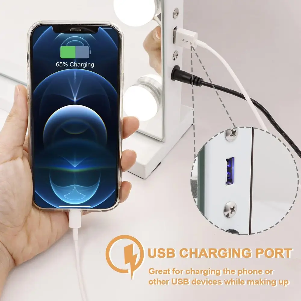 مرآة زينة مضيئة، 24.4 × 21.2، ضوء LED ثلاثي الألوان، منفذ USB، مكبر 10X قابل للفصل، تحكم باللمس، أبيض #3