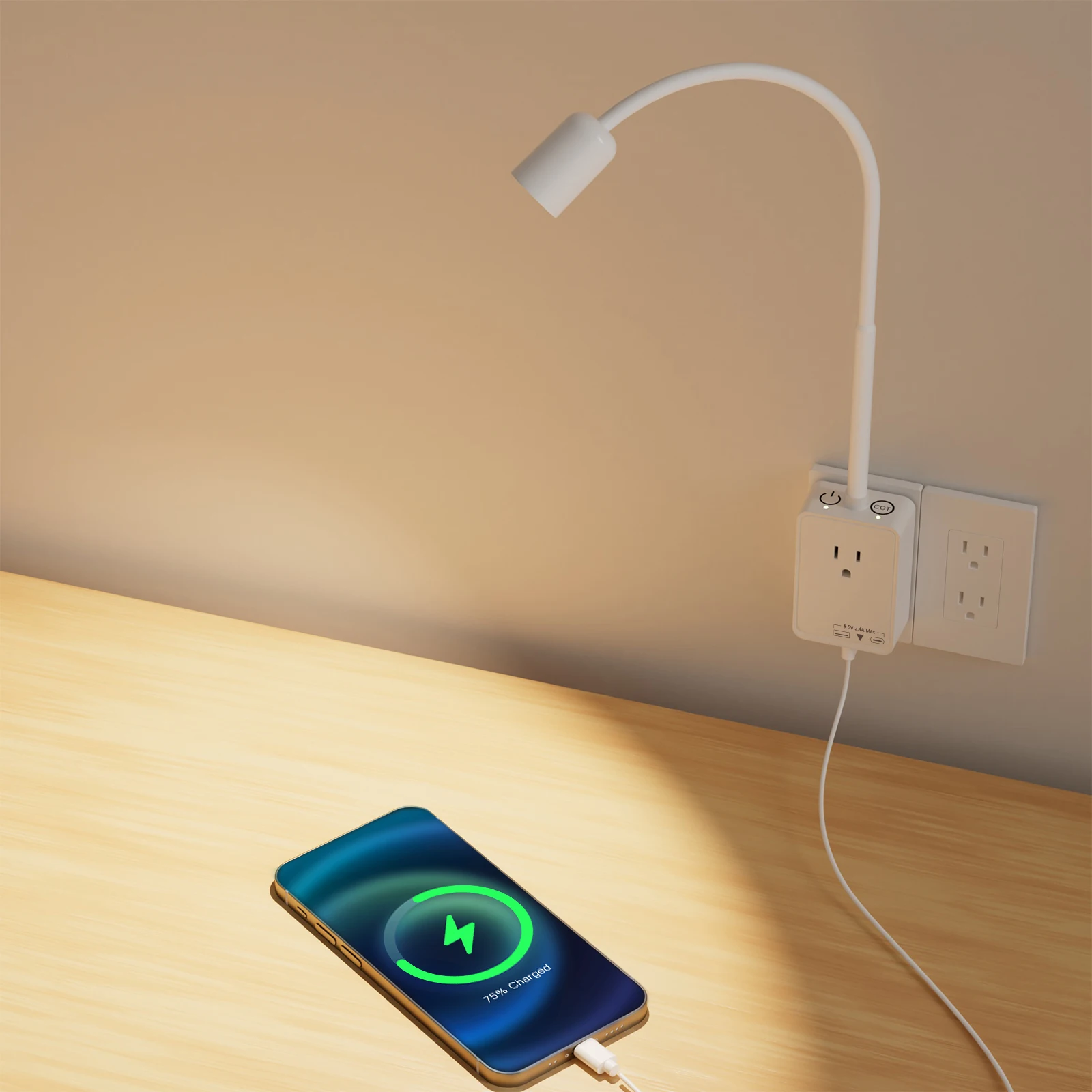 Plug in LED Book Reading Spot Light, White Dimmable Wall Sconce Lamp with Outlet Extender for Bedroom, USB Output Charging Ports