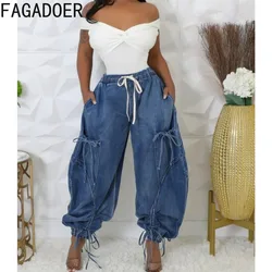 FAGADOER Fashion Denim Lantern Pants Ruched Drawstring Baggy Sweatpant Cargo Jeans Pockets High Waist Female Streetwear Bottoms