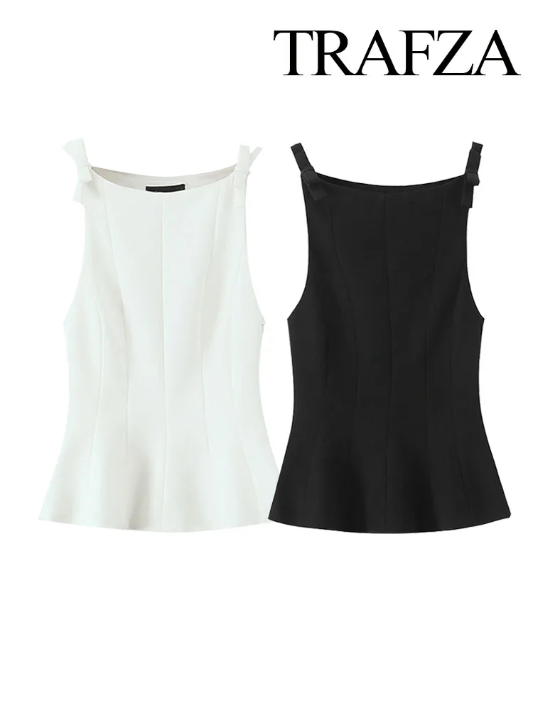 

TRAFZA Women's Summer New Fashion Tops Solid O-Neck Sleeveless Bow Decorate Zipper Female Streetwear Style Sexy Top 2 Color