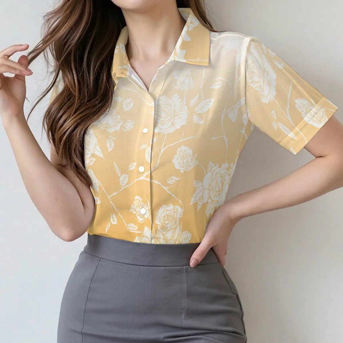 

Women's short-sleeve shirt with yellow gradient floral print, trendy for summer outings, street style, campus dates, workplace