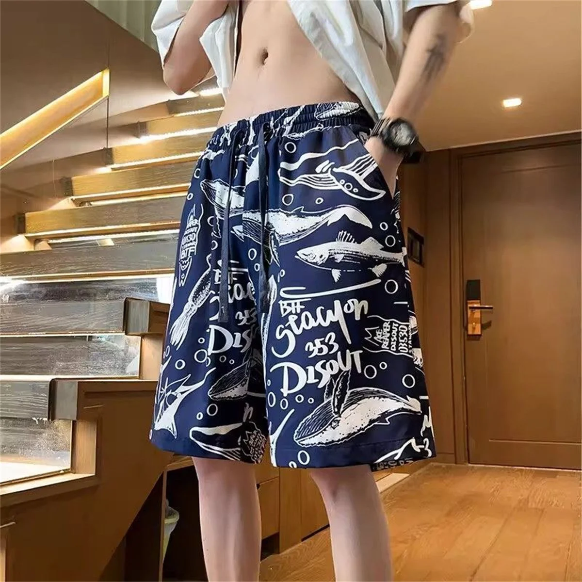Men's Summer Quick Dry Shorts Loose Fit 5 Inch Inseam Beach Shorts Casual Sports Shark Print Punk Pants Hip Hop Loose Shorts