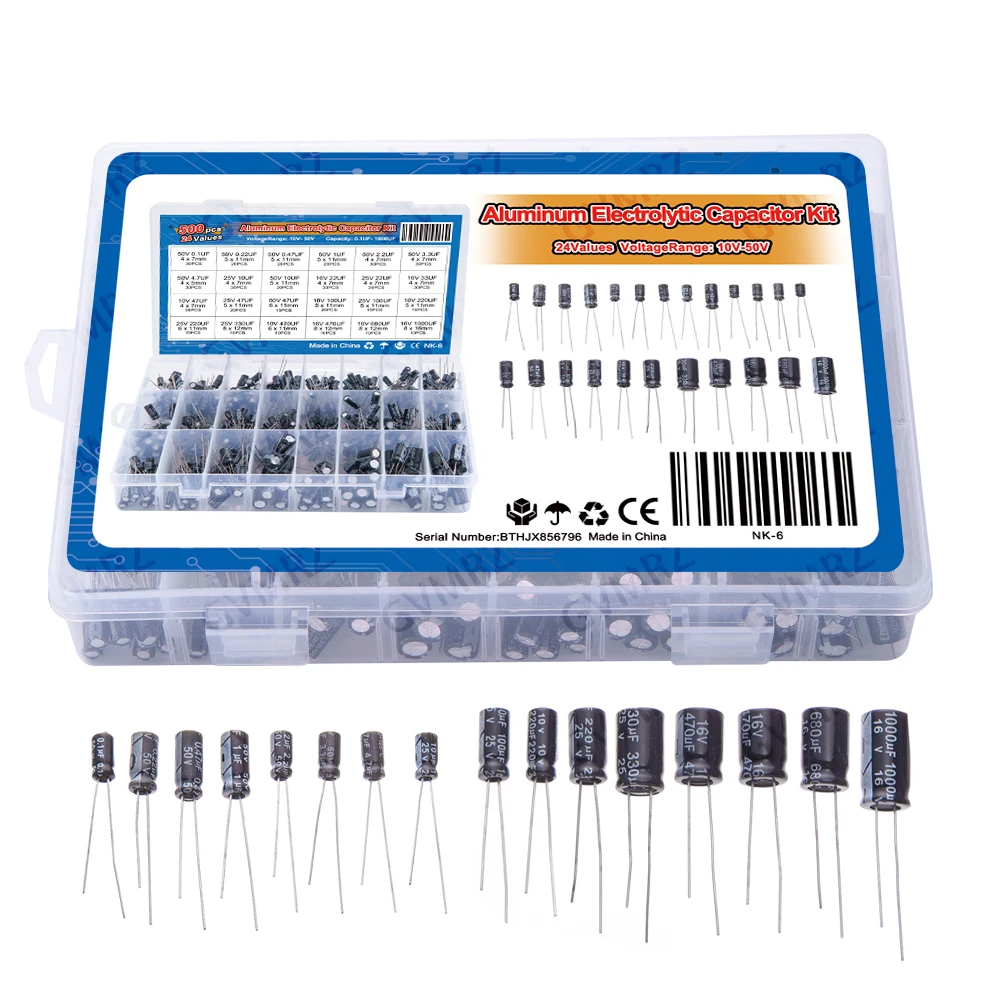 500PCS/lot 16-50V mix Electrolytic capacitor Assorted kit and storage box 0.1UF-1000UF 24Values Aluminum Electrolytic Capacitors