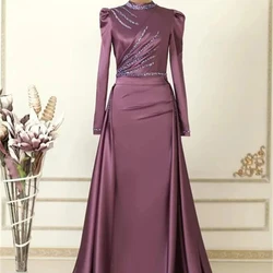 2024 Elegant Muslim Evening Dress Long Sleeves High Neck Beading Appliques Special Occasion Party Dress Satin Vestido De Gala