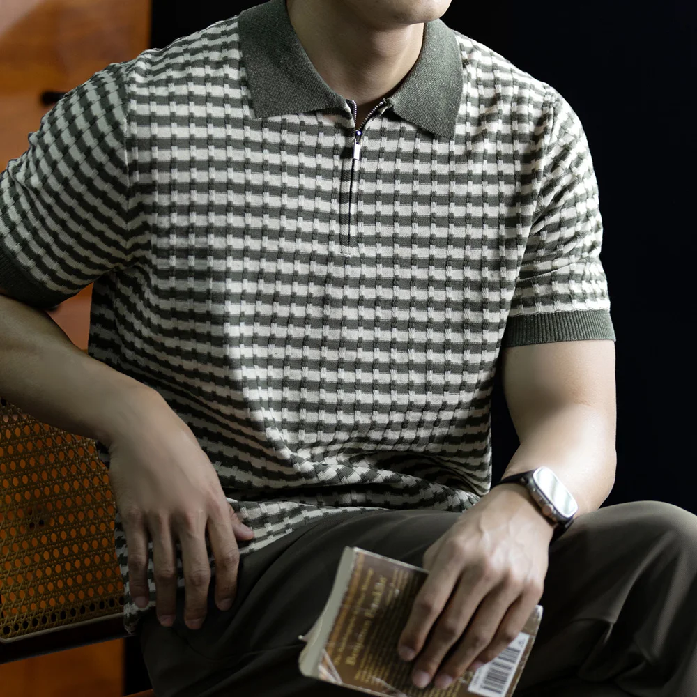 

Men Summer Business Casual Vintage Short Sleeve Knitted Stripe Sweater Polo Shirts Korean Streetwear Fashion T-shirt