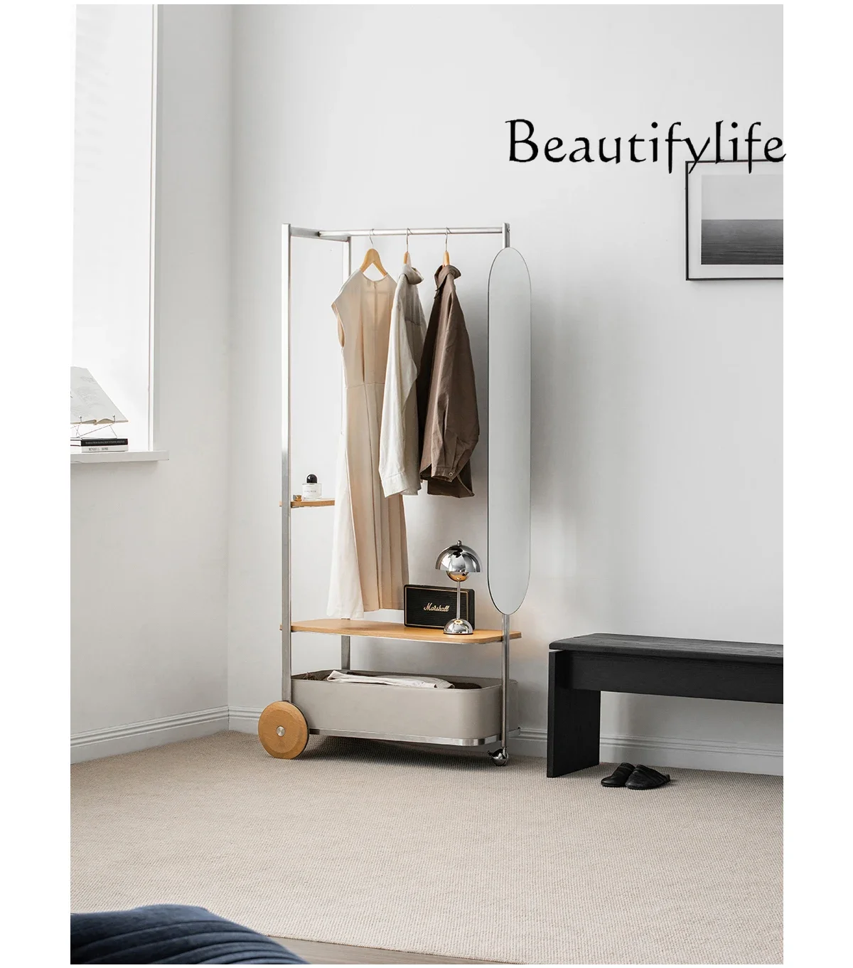 S Floor-to-ceiling Hanger Bedroom Movable Stainless Steel Multifunctional Storage Small Apartment Coat Rack