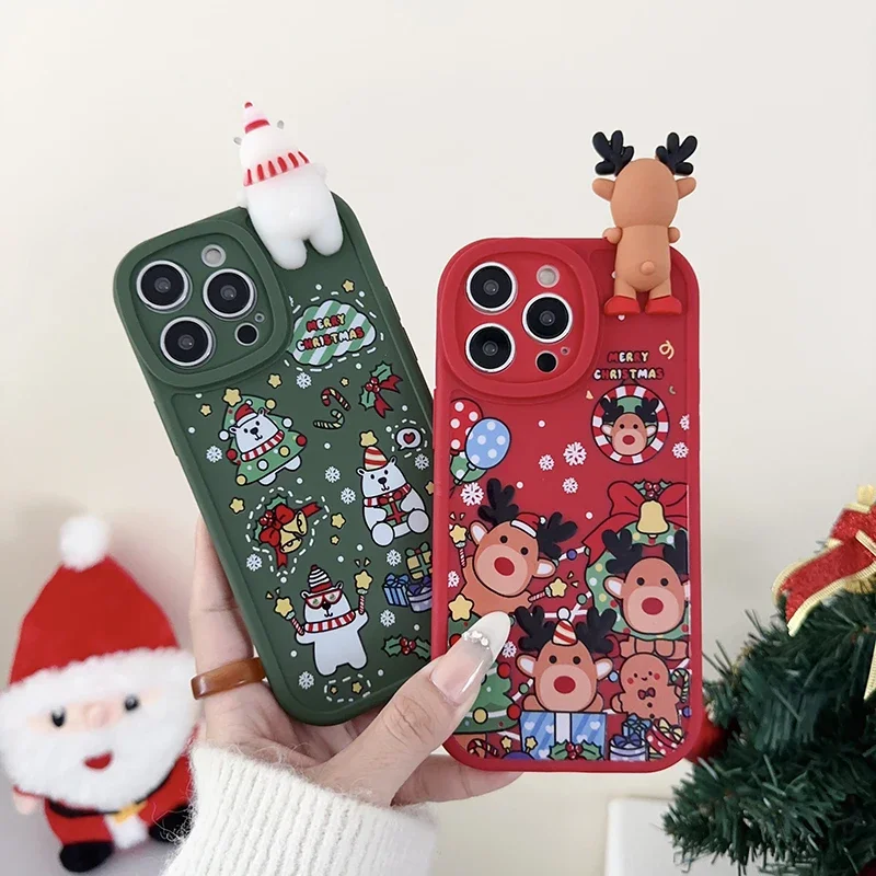 3D Cartoon Christmas Snowman, Reindeer, for IPhone 16 15 14 13 Pro Max 12 11 Plus New Year's Gift Back Drop Resistant Case