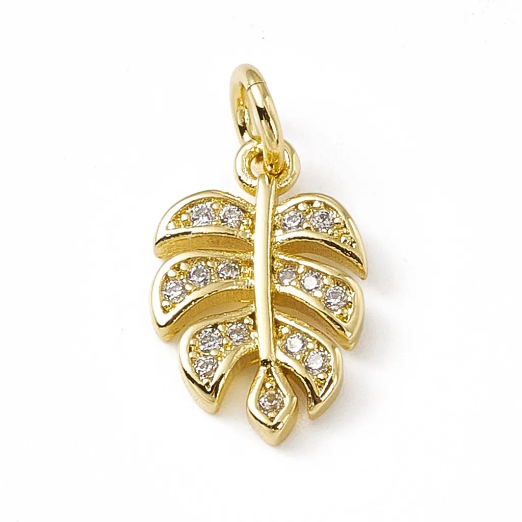 

10Pcs Brass Micro Pave Clear Cubic Zirconia Leaf Charms with Open Jump Rings for DIY Earrings Jewelry Making Findings