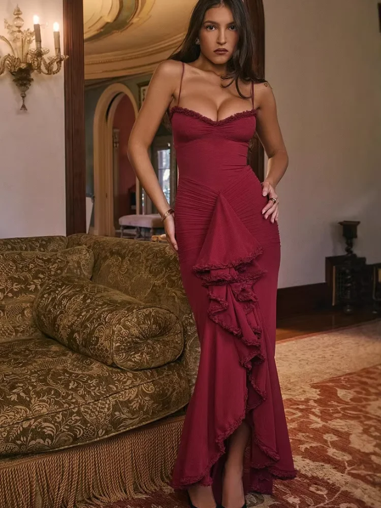 

Solid Patchwork Pleated Sling Dress Women's Fashion Solid Sleeveless Off-shoulder Backless Maxi Dresses Lady Evening Party Gowns