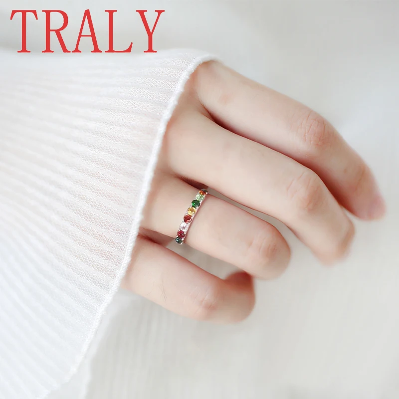 925 Sterling Silver Rainbow Row Ring For Women Inlaid Round Colored Gemstone Stackable Bands High Quality Jewelry Party Gifts