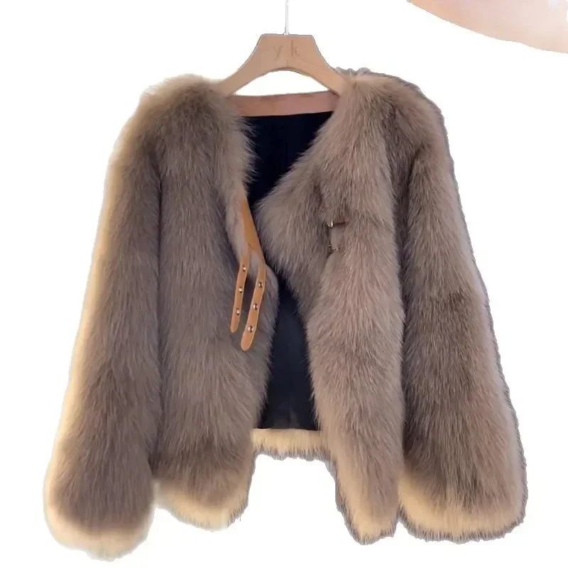 Giacca corta da donna in pelliccia di volpe con bottoni in finta pelle, stile piccolo profumo, camicia superiore versione coreana di nuovo arrivo primavera autunno