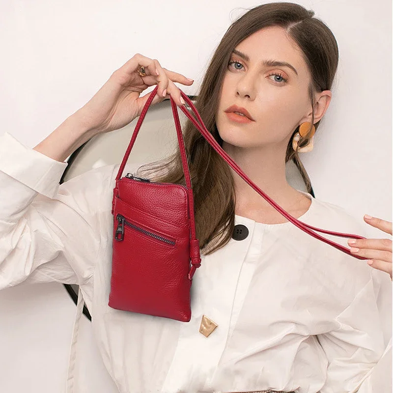 Bolso de hombro de cuero genuino para mujer, bandolera para teléfono móvil, suave, pequeño, verano, 2024