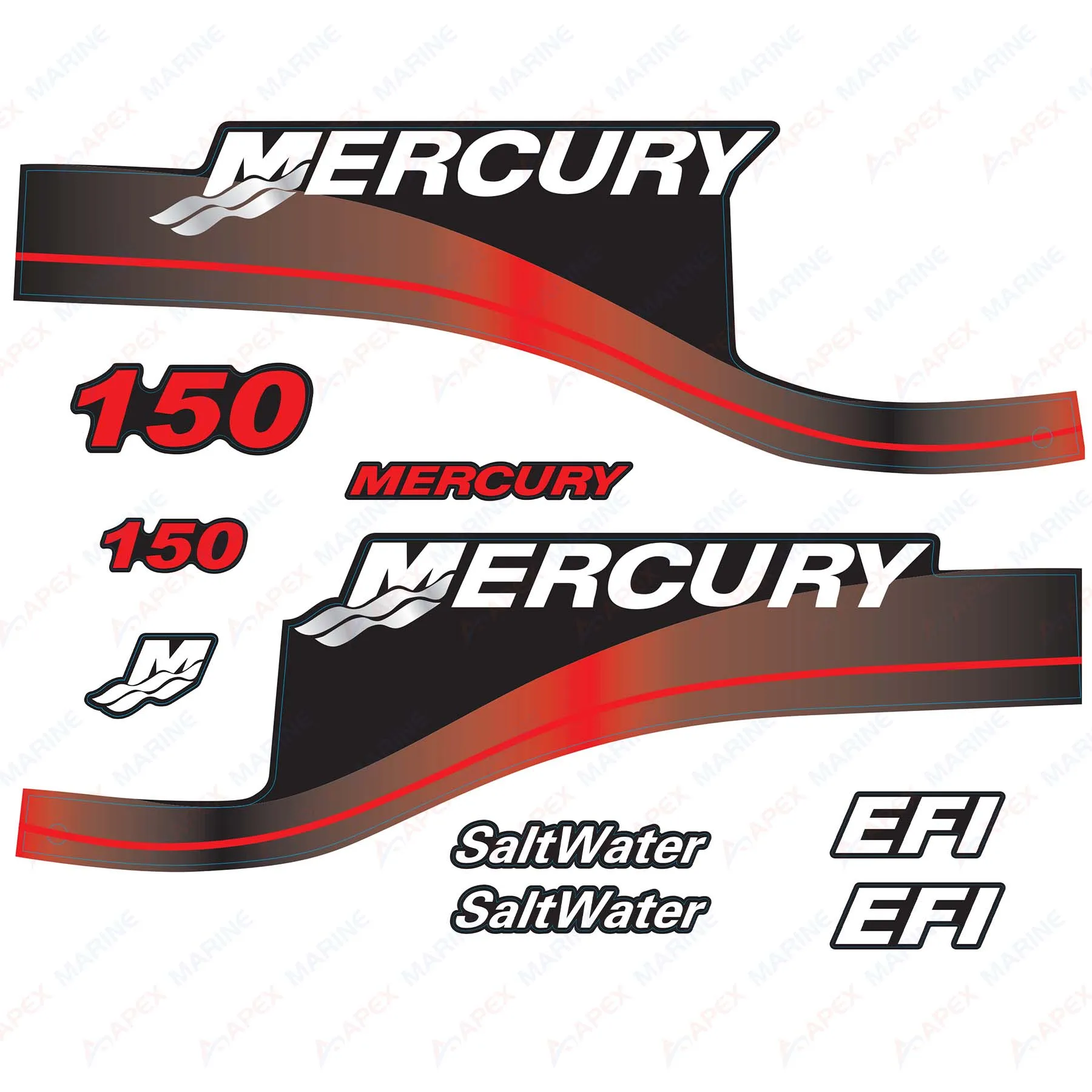 Decals for Mercury 150 HP EFI SaltWater Outboard Engine Red Decal Kit Sticker Set Reproduction 150hp Salt Water EFI