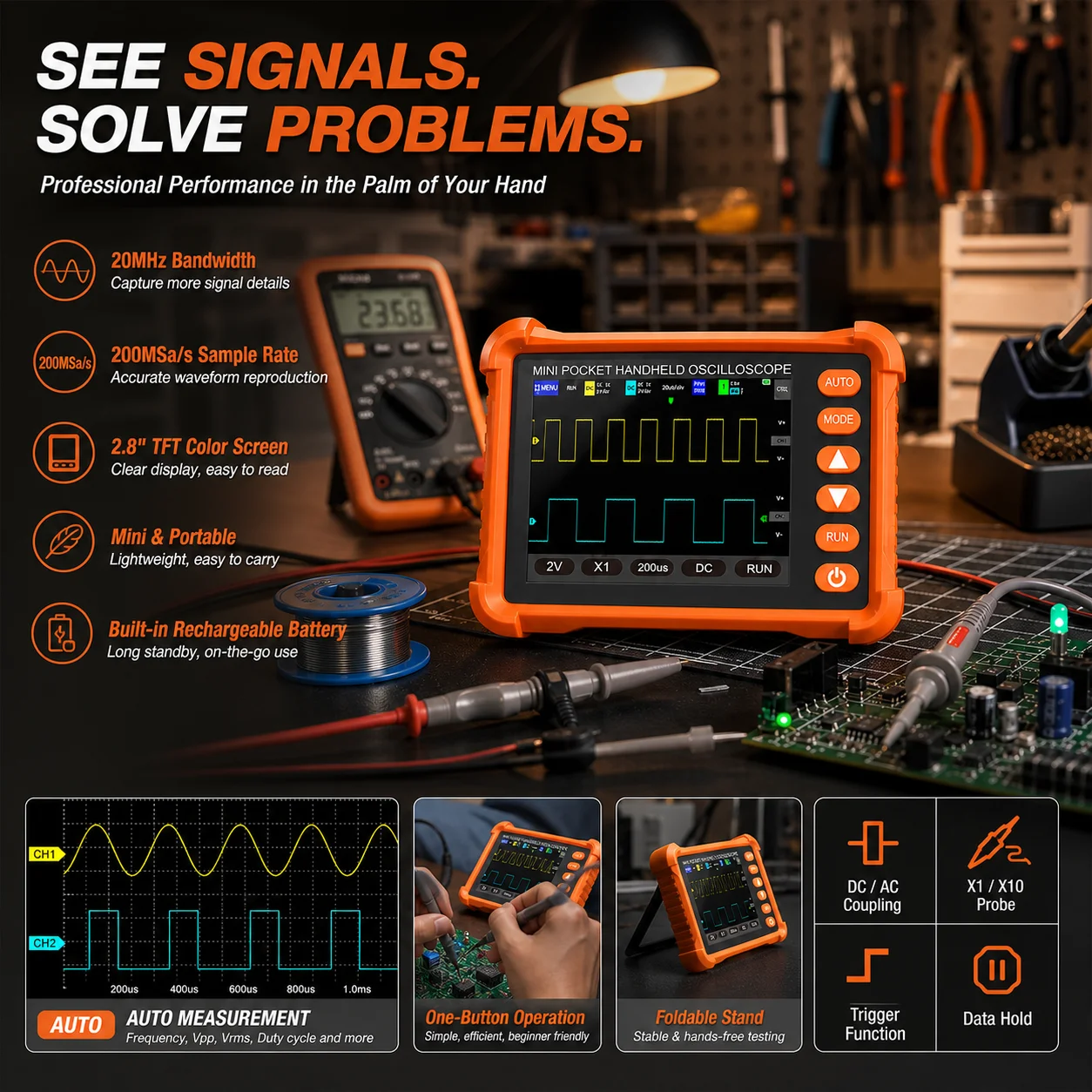 

BT-500K Portable Digital Oscilloscope 500kHz Bandwidth 2.5MS/s Sampling Rate 2.8" LCD Mini Handheld Tester For Car Repair
