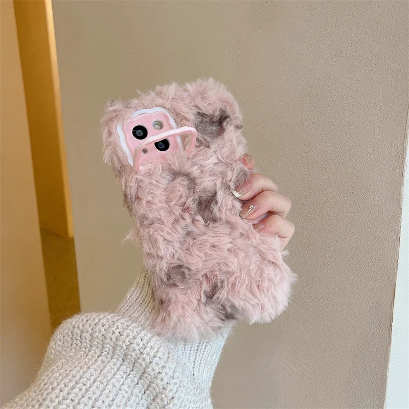 Fluffy Plush Rabbit Pattern Winter Phone Case For Huawei P40 P50 P60 Pro Pura 70 Pro Wave Lens Holder Protective Cover Cases