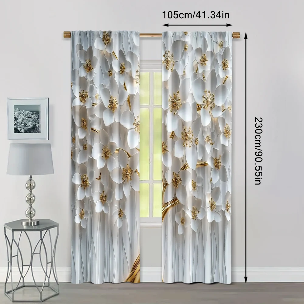 2pcs, Popular Curtain Panels 2D print White Floral Print Versatile Polyester (without rod) Holiday for Kitchen Living Room - Image 4