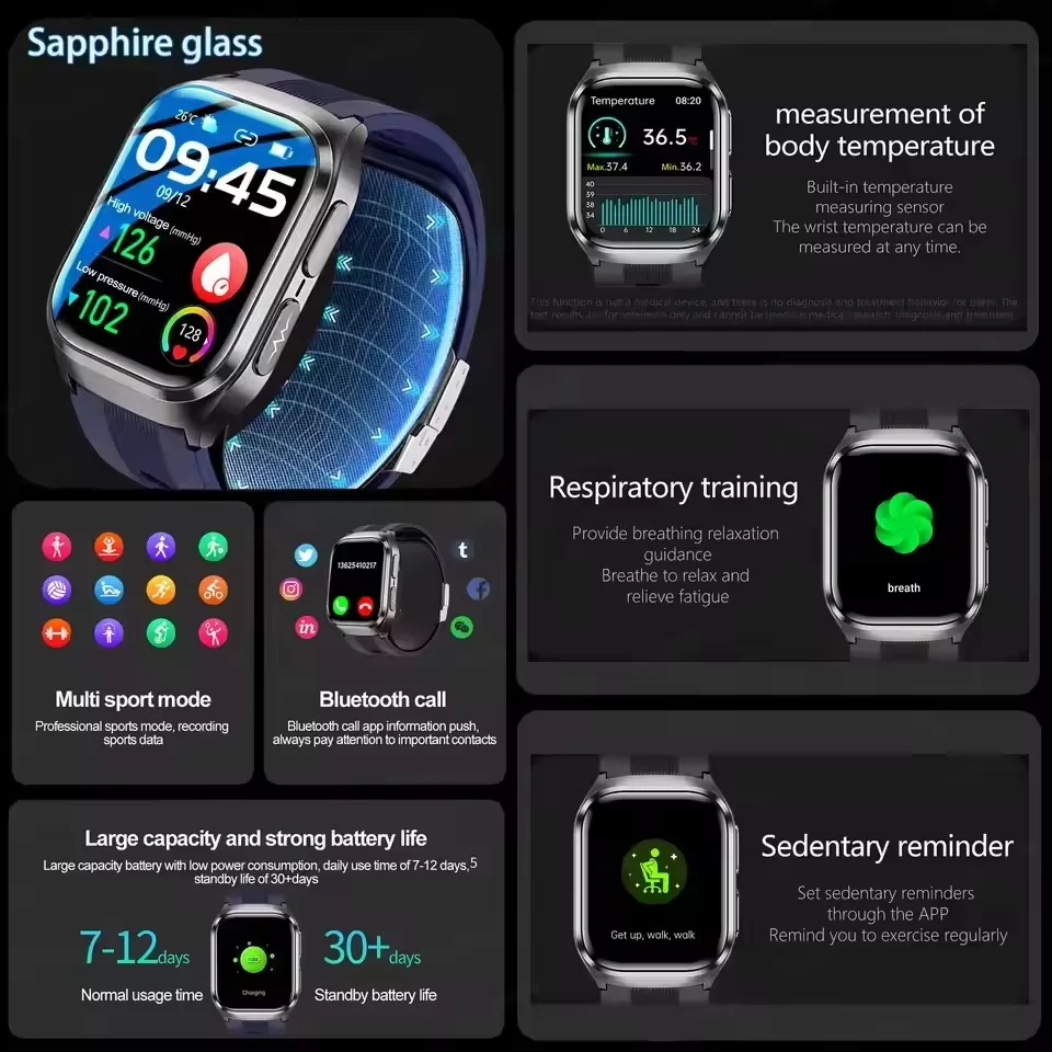 NUOVO Vetro Zaffiro AMOLED Acido Urico Astuto Della Vigilanza Degli Uomini ECG Ossigeno Nel Sangue Lipidi nel Sangue BP Pompa di Aria Sport Salute Track Astuto Della Vigilanza NFC