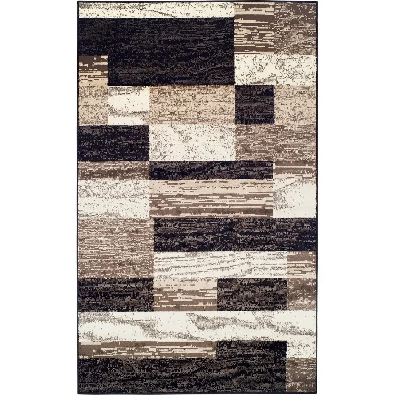 Indoor Area Rug, Jute Backed, Modern Geometric Patchwork Floor Decor for Bedroom, Office,Living Room,Entryway,4' x 6',Chocolate