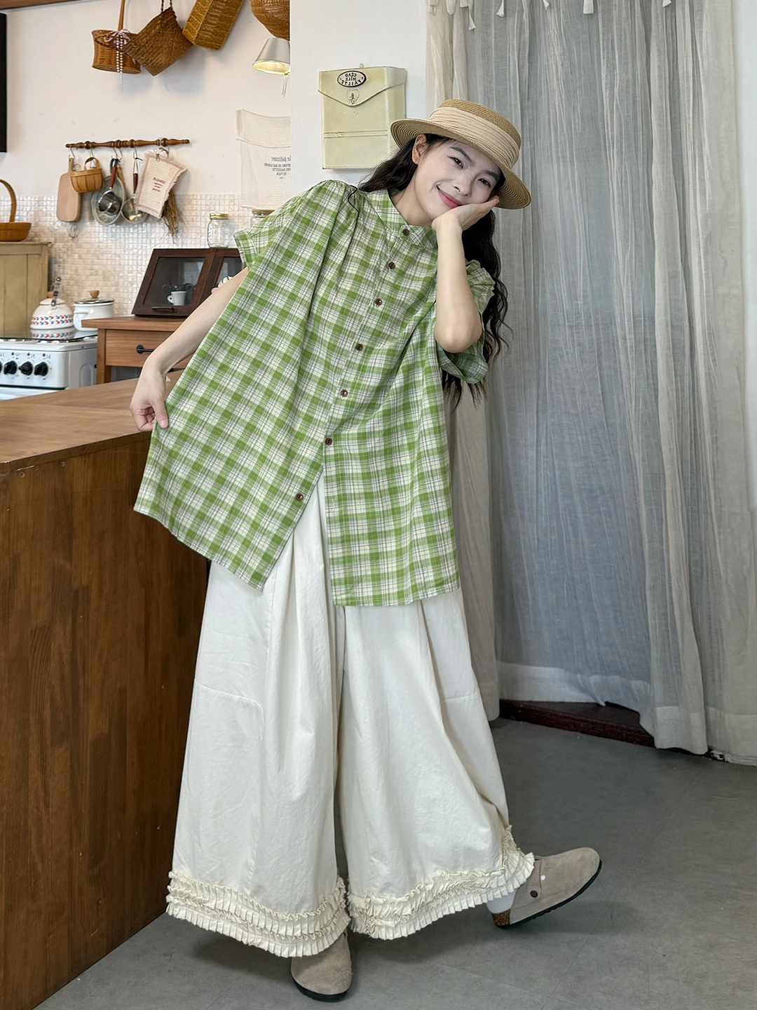 

Женский летний комплект больших размеров: свободный крой, клетчатый узор, короткий рукав, длинные брюки, зеленый цвет, корейский стиль, высокая талия