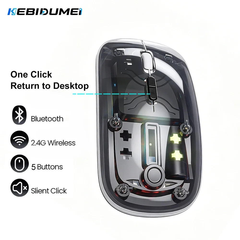 KEBIDUMEI Transparent 2.4G Wireless Mouse One Click Return to Desktop Bluetooth Mouse 5 Mute Buttons Mouse For PC Laptop MacBook