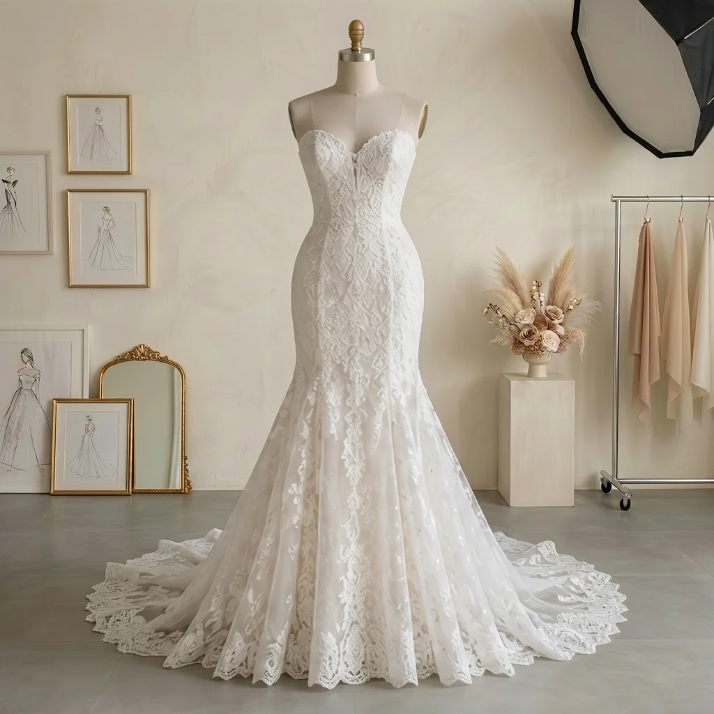 Strapless Sweetheart Lace Mermaid Wedding Dress with Button Back & Scalloped Train Bridal Gown