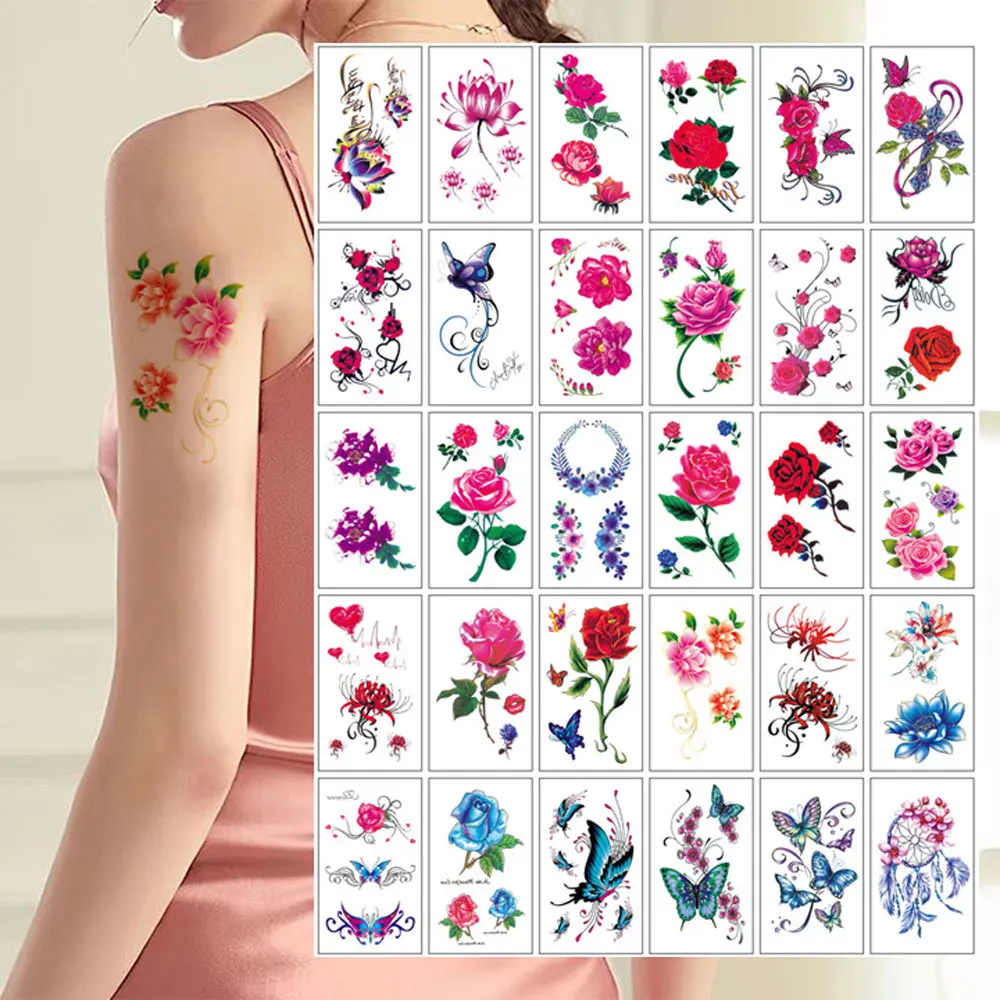 

30 Sheets Colorful Flower Butterfly Pattern Temporary Tattoos for Women Disposable Fake Tattoo Stickers for Arm Chest Wrist Body