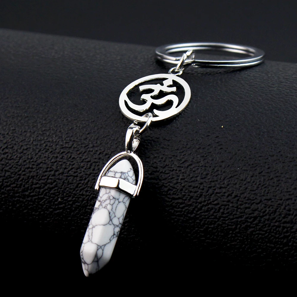 Simple Natural Gem Stone Keychain Hexagonal Point Pendant Healing Stone Pink Quartz Crystal Opal for DIY Key Rings Chains Gifts
