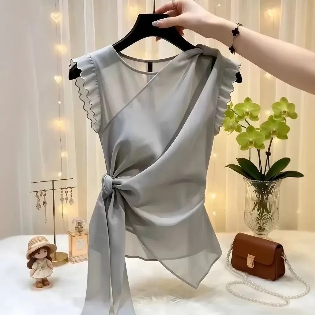 Slimming Effectiveness Chiffon Shirt Beautiful Super Look 2026 New Design Sensation Fashionable Lacy Hemline Top Women's Shirt