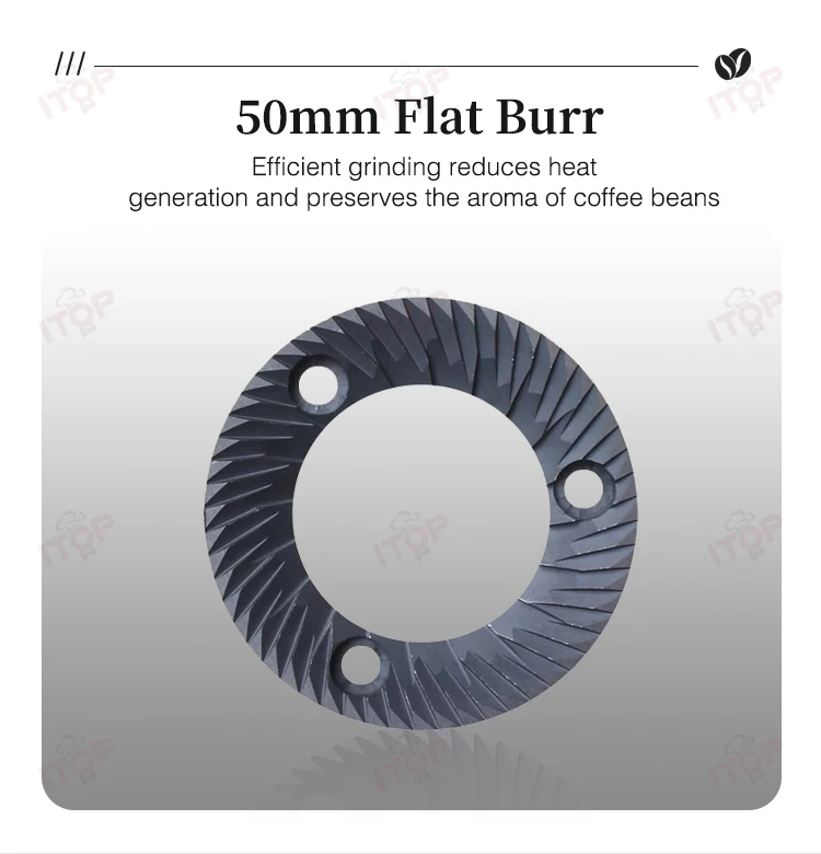 ITOP CG-800AC Кофемолка с плоскими заусенцами, 50 мм, 500 г, бункер для зерен, металлический корпус, 180 Вт, 1400 об/мин, способность шлифования, 3-6 кг/час