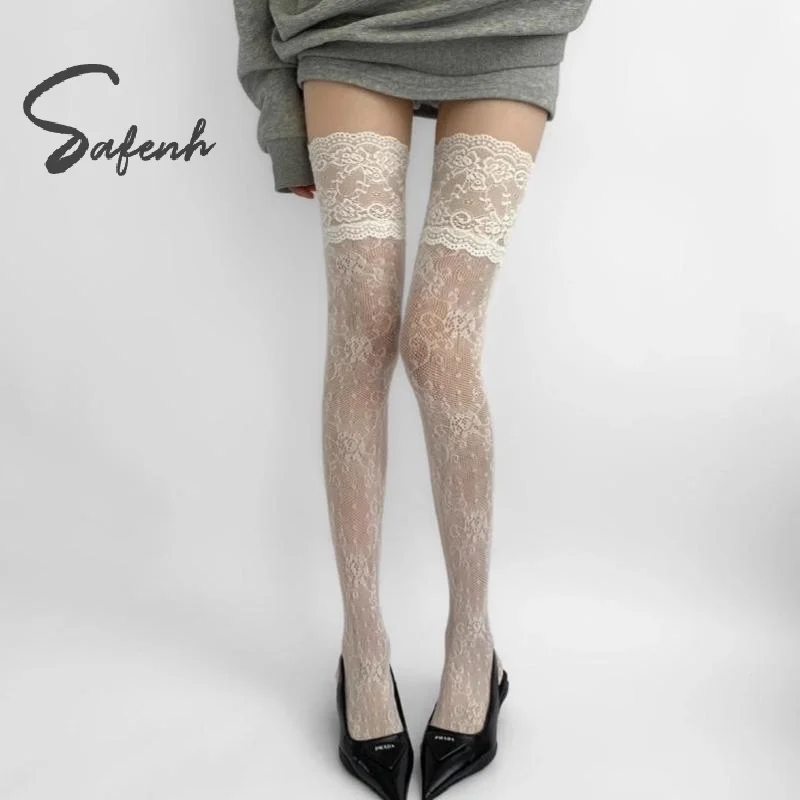 Calze a rete in nylon con finiture in pizzo sexy per donna Calzini lunghi sopra il ginocchio JK con rete dolce floreale retrò traspirante