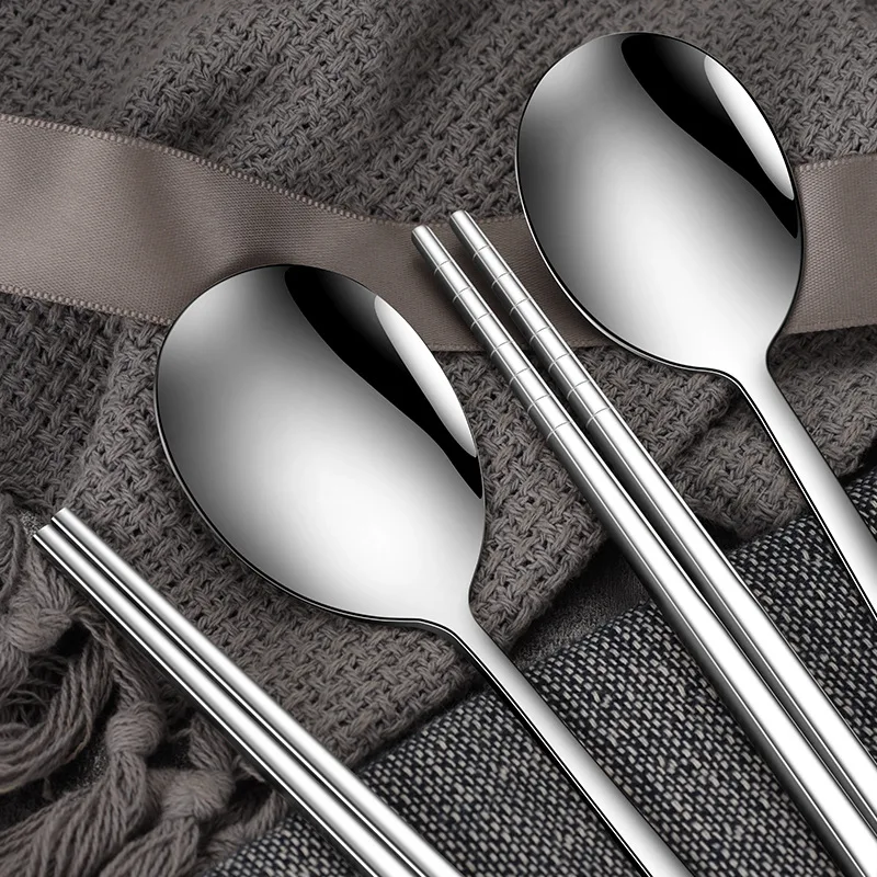 Korean Long-handle Spoons Chopsticks Tableware Set Reusable High-end 316 Stainless Steel Non-slip Food Soup Spoon Dinnerware Set